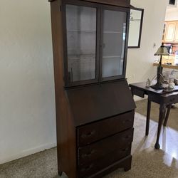 Vintage Mahogany Secretary Antique Desk w/ Glass Display Hutch – Solid Wood