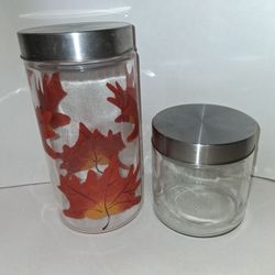 fall leaves painted on glass storage container with metal screw top cover $5 FIRM for both!
