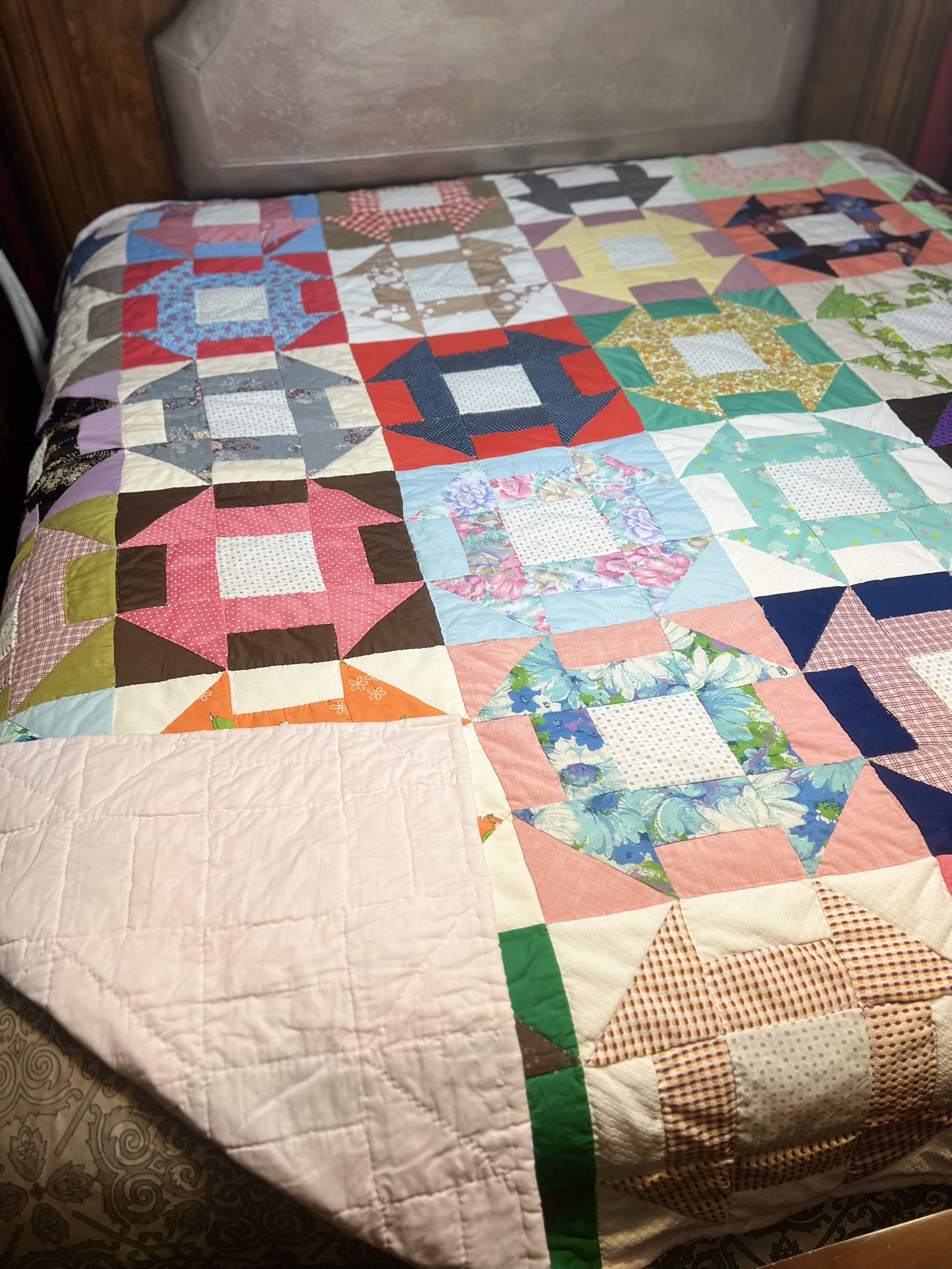 King Size Hand Sewn Quilt. 93 X 95 Inches. Good Condition. 