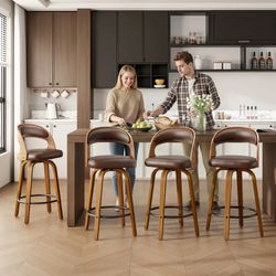 New -Set of 4 Modern Bar Stools with Curved Wood Back, Padded Faux Leather Seat, Counter Height Kitchen Island Chairs with Footrest