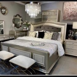 ✨ Metallic Silver Queen Size 7 Piece Bedroom Set✨ Brand New💥 $39 Down Payment 👍