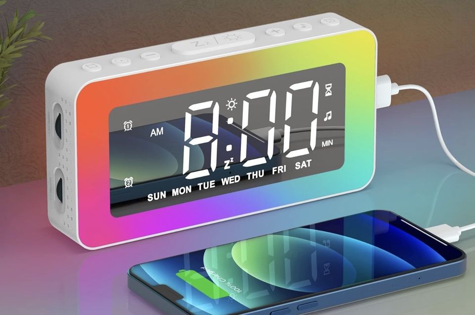Alarm Clocks for Bedroom Mirror Clock with 8 RGB Atmosphere Light  Dual Alarms 3 Alarm Modes Snooze Sleep Aid Timer USB Charger Bedside Digita