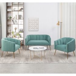 Beautiful Green Velvet Couch And Club Chairs