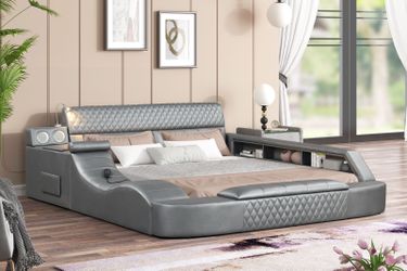 Gray Upholstered Platform MassagevBed with Storage and Speakers New in Box