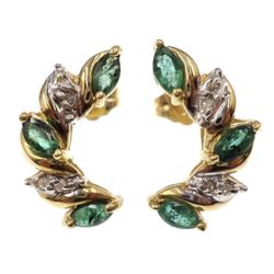 Vintage 10k Solid Gold Marquise Emerald and Diamond Crescent Stud Earrings