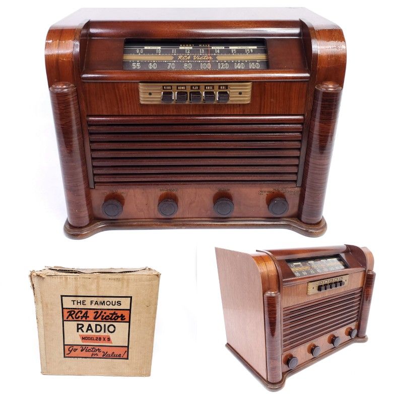 For Repair* Vintage RCA Victor Tube Radio 28X5 Box & Manual Wood Push Button