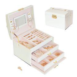 Jewelry Organizer Box - Stylish White Jewelry Box With Lock And Key - PU Leather