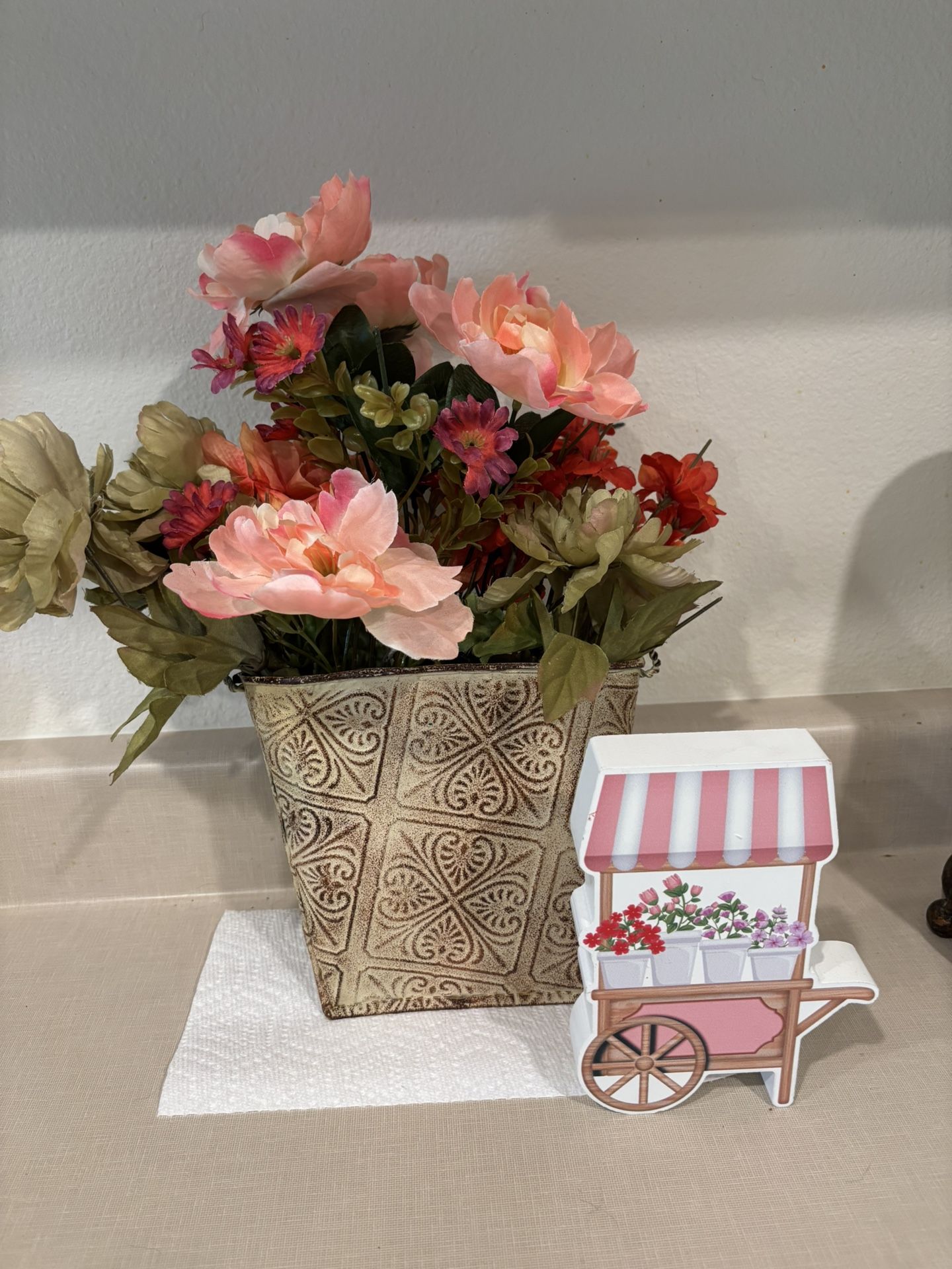 Hanging Half Metal Container Used As Vase Comes With Flowers And A Cute Wood Flower Cart