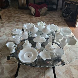 Vintage Fenton hobnel milk glass. Collection.  