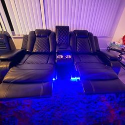 Electric Recliner Couch Set Black Leather 