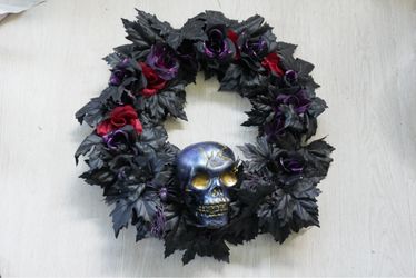 Gothic Halloween Skull Wreath with Black Roses