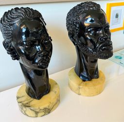 Black African tribal man & woman head bust sculpture ethnic plaster chalkware with marble base