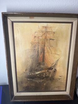 1970s Vintage Mid Century Framed Oil Painting - Clipper Sailing Ship