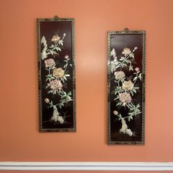 Vantage Antique Set Of Two Asian Flowers Pearl Wall Hanging