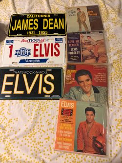 4 records 3 license plates vintage Elvis Presley music