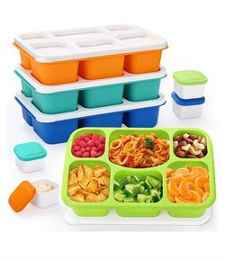 Bento Lunch Box Snack Containers, Reusable Meal Prep Lunchable Containers for Adults Kids, Stackable Bento Snack Box 4 Pack, 6 Compartment Divided Foo