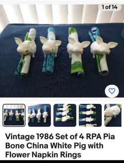 Vintage PIA bone china white pig w flower I’m mouth Napkin ring 6 PCs