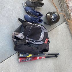 Baseball Gear, Helmet Jr…. Bat Size 32….. Cleats Size 10……and Baseball Bag