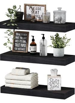 Floating Shelves for Wall Bathroom Shelf Bedroom Kitchen Living Room Hanging Book Shelves Small Farmhouse Decor 16 inch Set of 3, Black (015-B3)