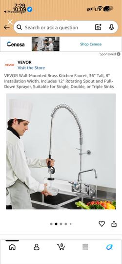 VEVOR wall-mounted commercial kitchen faucet features a 36-inch high arc spring design with a flexible stainless steel pull-down sprayer and a separat
