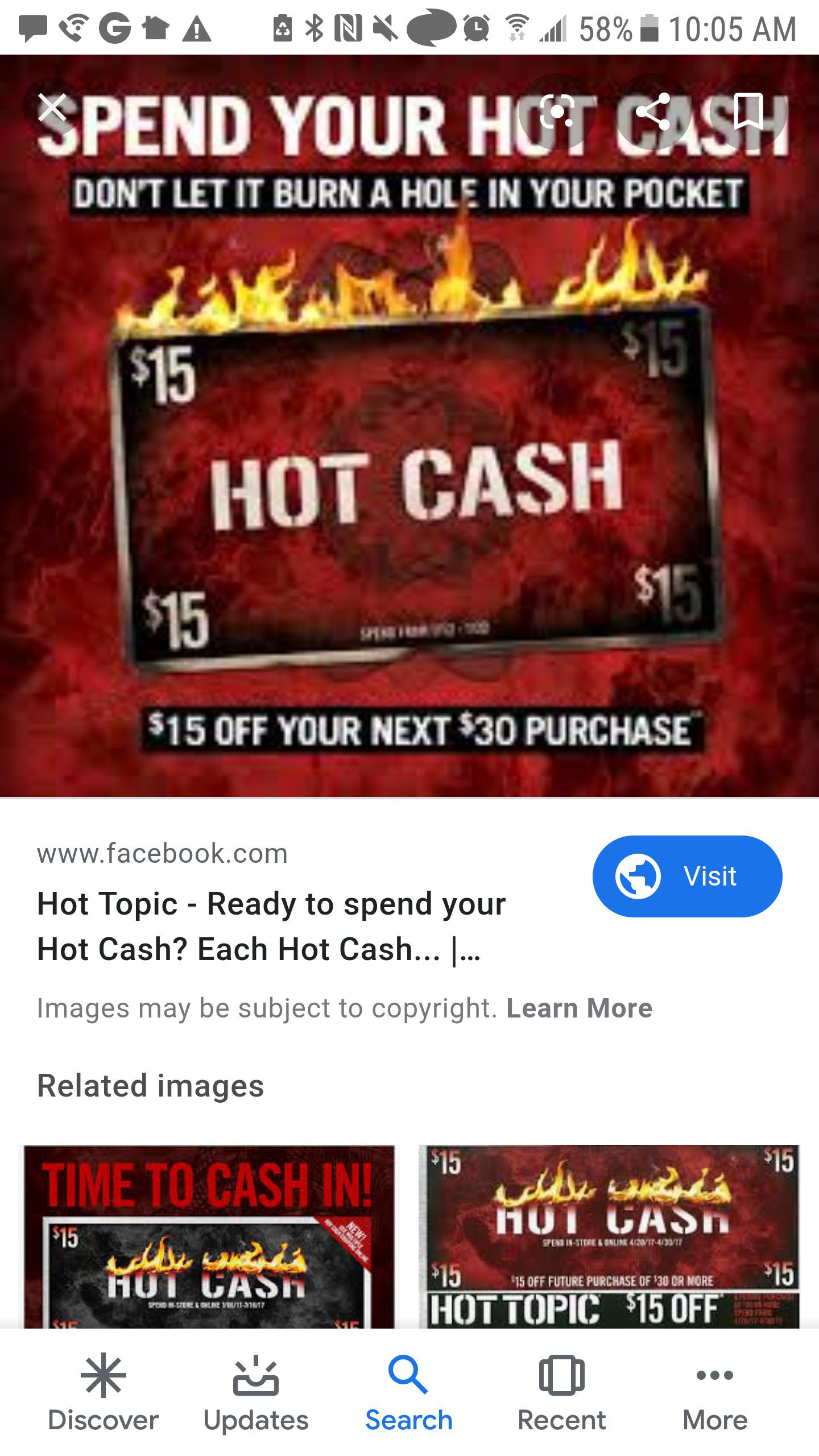 Hot topic " Hot Cash" half off coupon Free . Save $15 off $30 . Online Only.