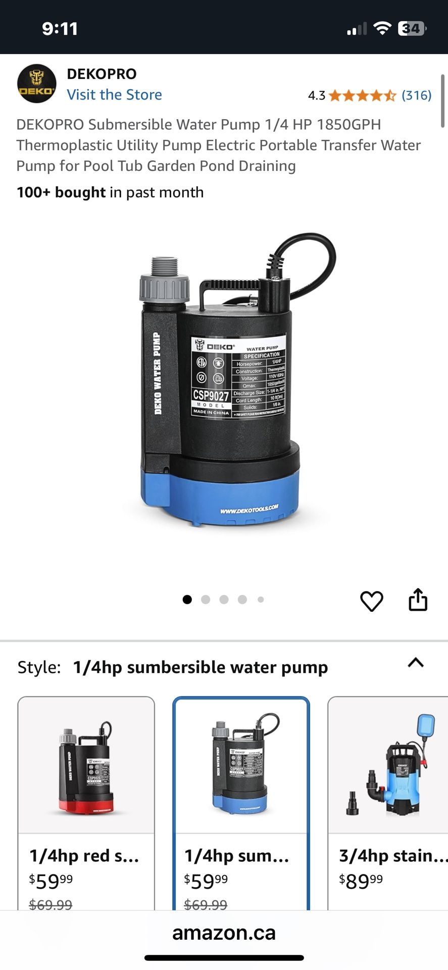 Submerge Water Pump. 35 Dollars