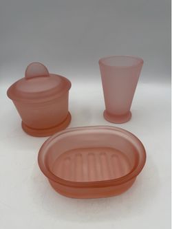 Vintage Umbra Blush Pink Satin Frosted Glass Vanity Set/Jar w/Lid/Cup/Soap Dish