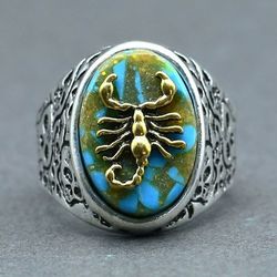 Vintage Engraved Skull Scorpion Turquoise Antique Silver Ring - Size 9