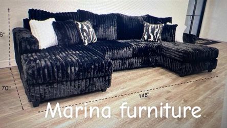 Black Ribbed Velvet Sectional Sofa with Chaise