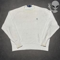 Polo Ralph Lauren Knit Sweater Mens L L Cream Crewneck Pullover Vintage