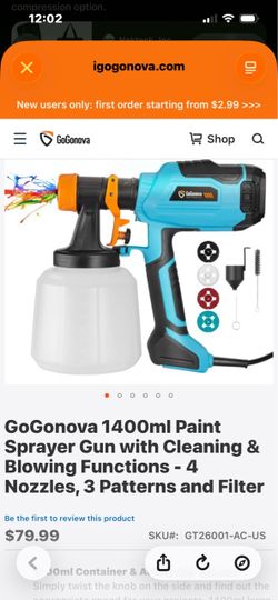 GoGonova 1400ml Paint Sprayer Gun with Cleaning & Blowing Functions - 4 Nozzles, 3 Patterns and Filter