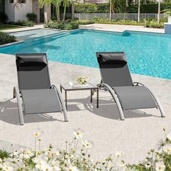 Pool Lounge Chairs Set of 3, Adjustable Aluminum Outdoor Chaise Lounge Chairs with Metal Side Table, All Weather for Deck Lawn Poolside Backyard -Dark