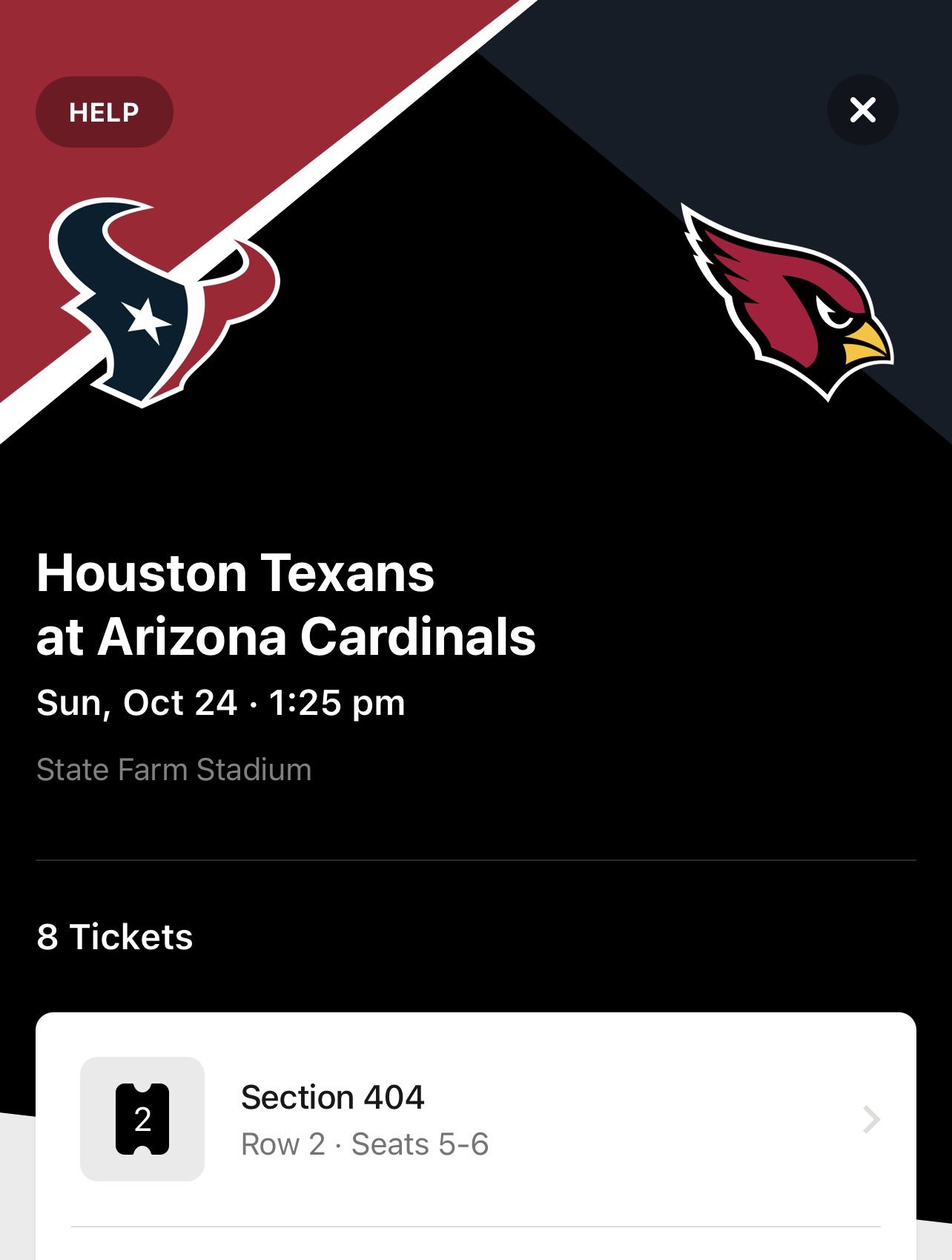 2 Seats Available In SEC 404 - Cardinals Vs Houston Texans 