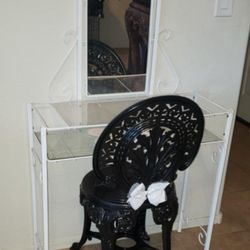 VINTAGE MID CENTURY HOLLYWOOD REGENCY BLACK & WHITE LACE BOW DRESSING TABLE VANITY SWIVEL MIRROR ORNATE CHAIR