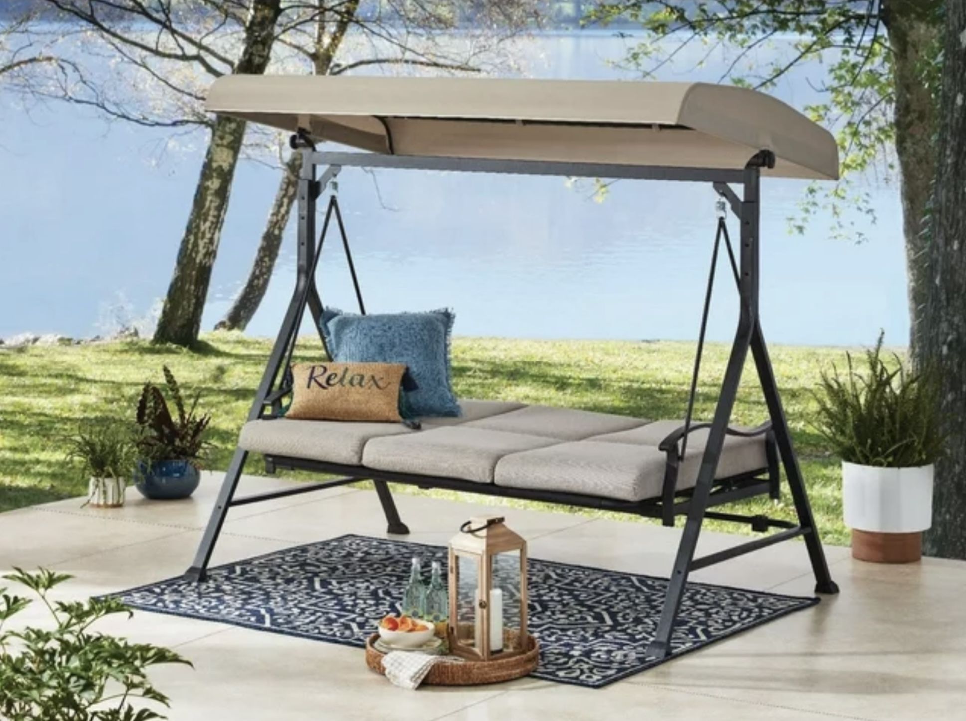 NEW Mainstays Belden Park 3 Person Convertible Daybed Outdoor Steel Porch Swing with Canopy - Beige (with Waterproof Cover)