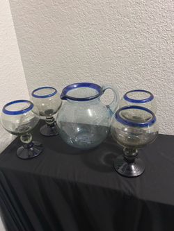 Vintage Cobalt Blue Rim 5-piece set (decanter + 4 Chabela glasses)
