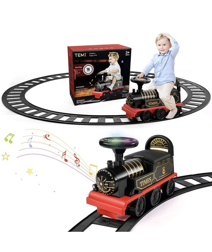 TEMI Ride On Train with Track Electric Ride On Toy w/ Lights & Sounds Storage Seat Train Toy Ride for Kids Birthday Gift Riding Car Train for Children