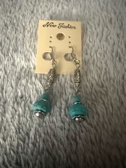 Turquoise Bead Silver Dangle Earrings