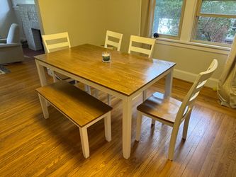 Modern Wood Top Dining Table Set w/ Bench & 4 Chairs