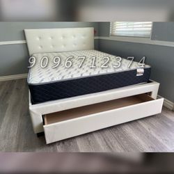 Queen white Tufted Bed w. Drawer & Orthopedic Mattress Included