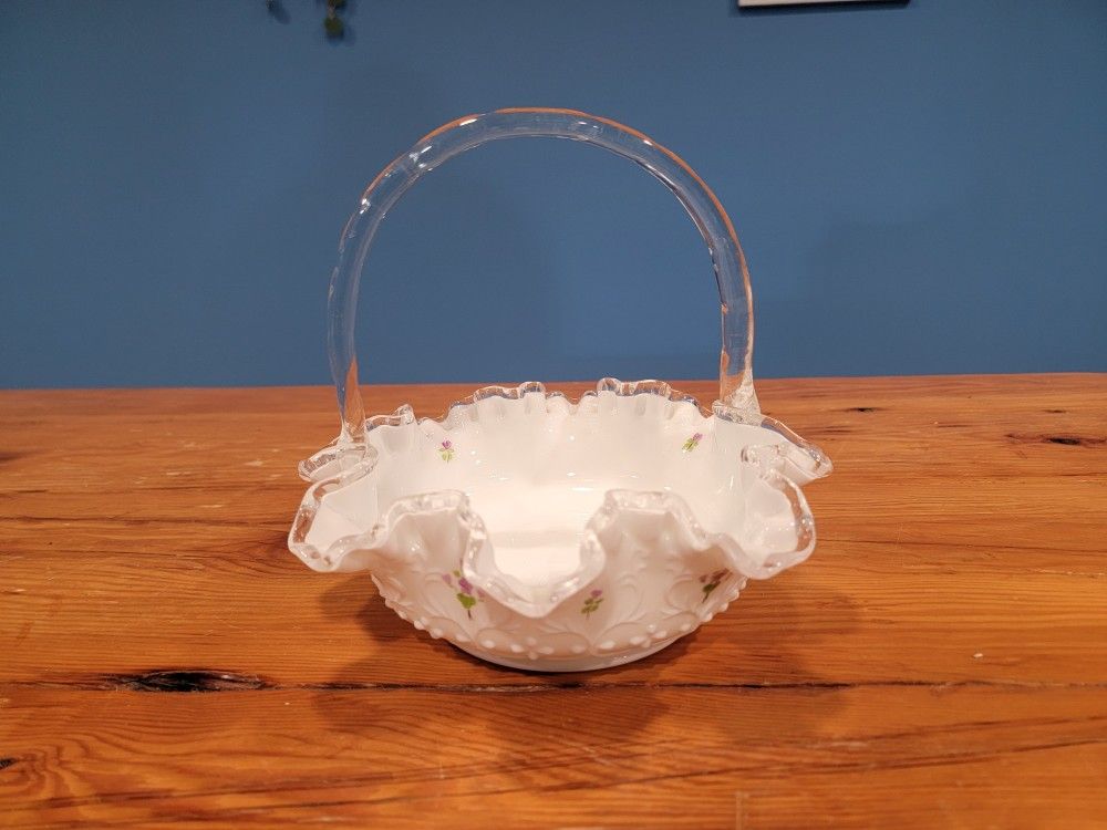 Fenton Silvercrest Vintage Art Glass Hand Painted Violets Hand Basket w/ Handle