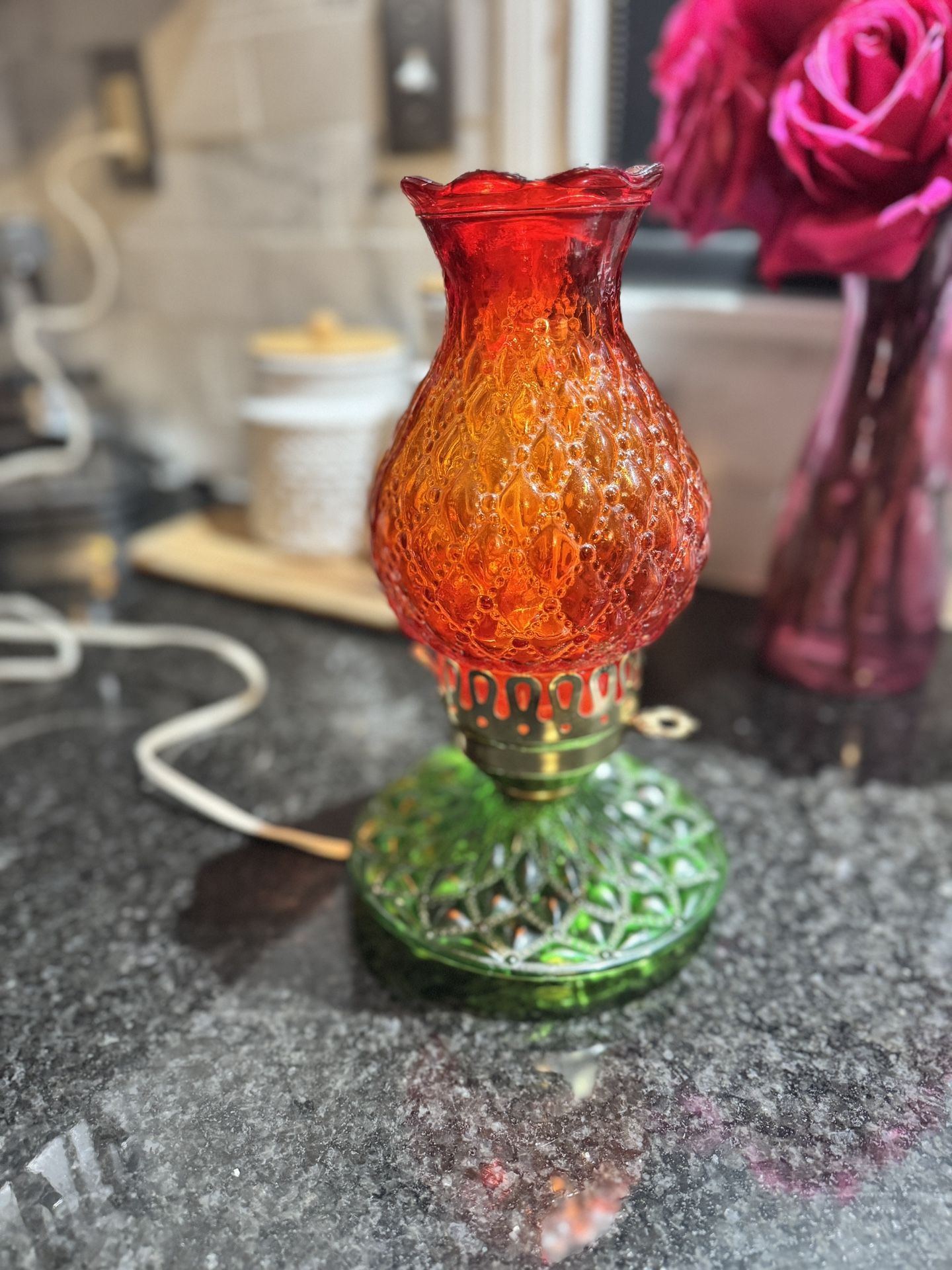 Vintage Amberina & Green Glass Hurricane Lamp
