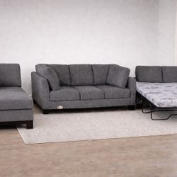 3 Piece Grey Sectional Couch with Double Bed