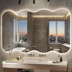 LED Bathroom Mirror - 60"x36" Irregular Wavy Shaped Wall Mirror with Lights,