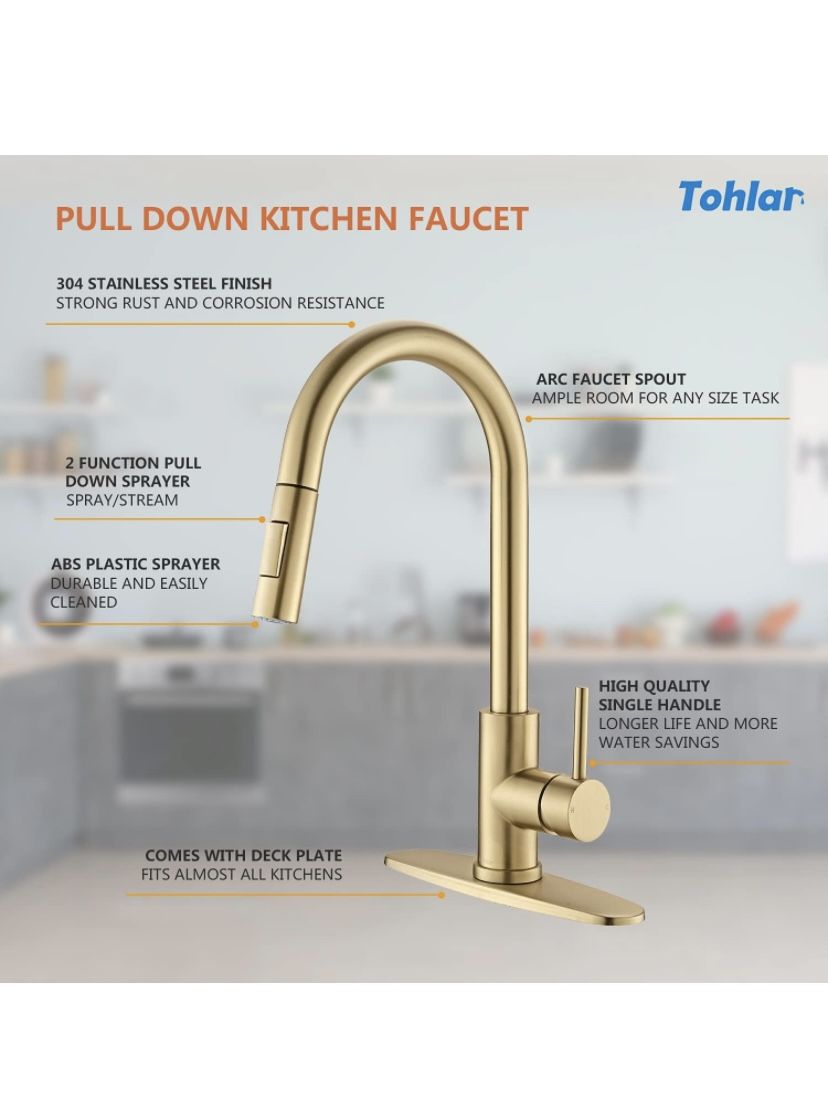 Tohlar Gold Kitchen Faucets with Pull-Down Sprayer, Modern Kitchen Sink Faucet Stainless Steel Single Handle Kitchen Faucet with Deck Plate, Brushed G