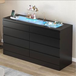 8 Drawer Dresser with Power Outlet, White Dresser for Bedroom Chest of Drawer with Glass Top & LED Light, Modern Double Wide Drawer Organizer Cabinet