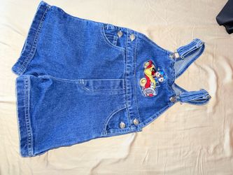 Vintage Kids Denim Overall Shorts with Car Embroidery