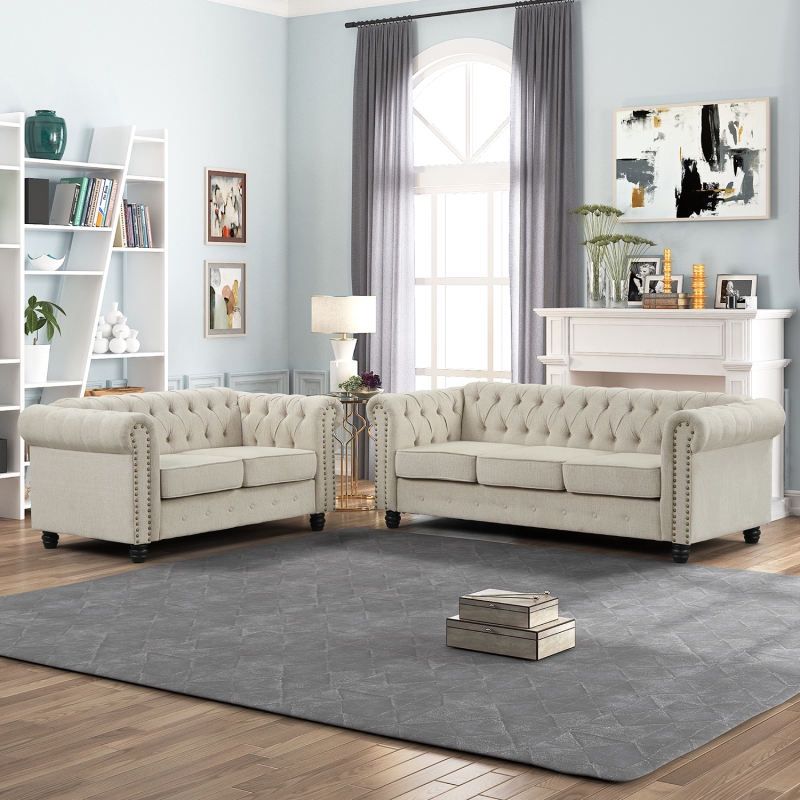 Sofa and Loveseat Linen Chesterfield Sofa Set With Roll Arms
