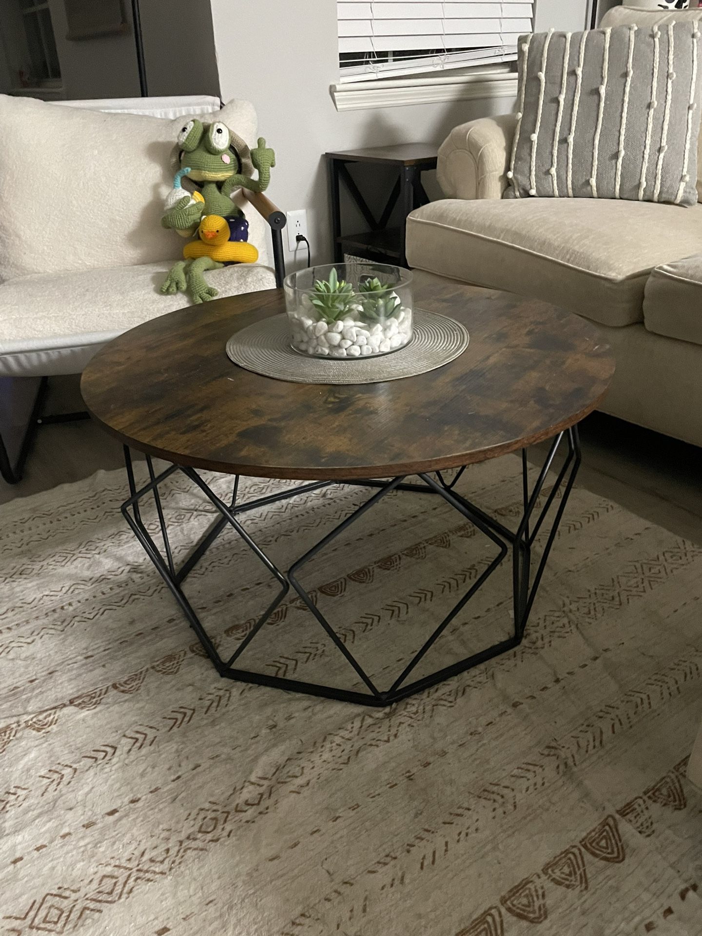 Round Coffee Table – Black Iron & Wood