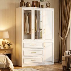 2-Combination White Wood 47.6 in. W 4-Door Big Armoires with 2-Hanging Rods, 3-Drawers, Shelves 74.8 in. H x 19.3 in. D